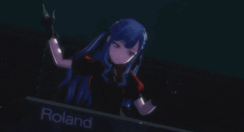 a blue haired anime girl in a red and black dress