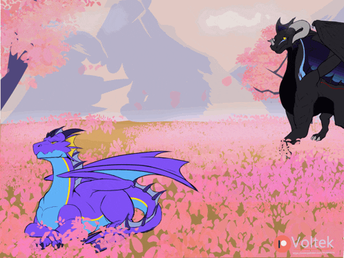 a drawing of two dragons with voltek written in the bottom right corner