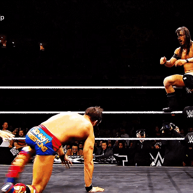 two wrestlers in a wrestling ring with the letter p on the bottom