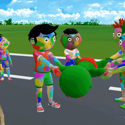 a group of kids with their faces painted in different colors are playing with a green ball