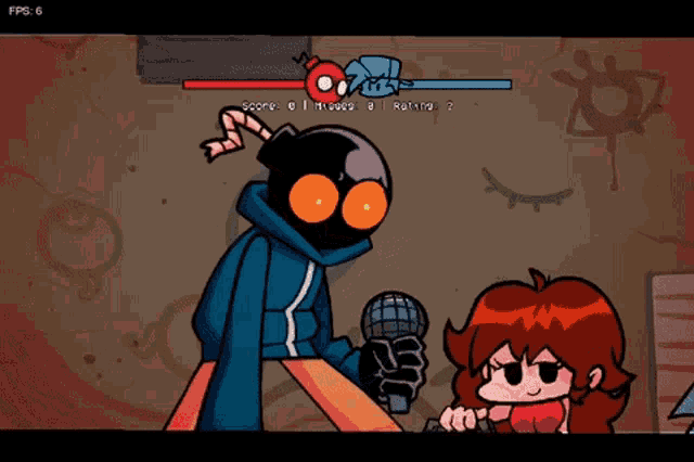 a cartoon character is holding a microphone in front of a girl and says score 0