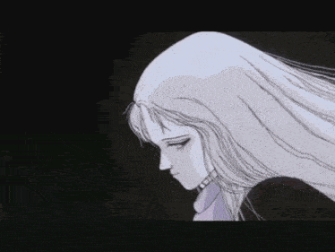 a drawing of a woman with long white hair in a dark room