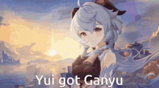 a picture of a girl with blue hair and the words yui got ganyu