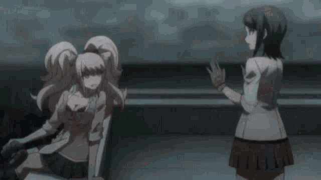 a group of anime girls are standing on top of a roof .