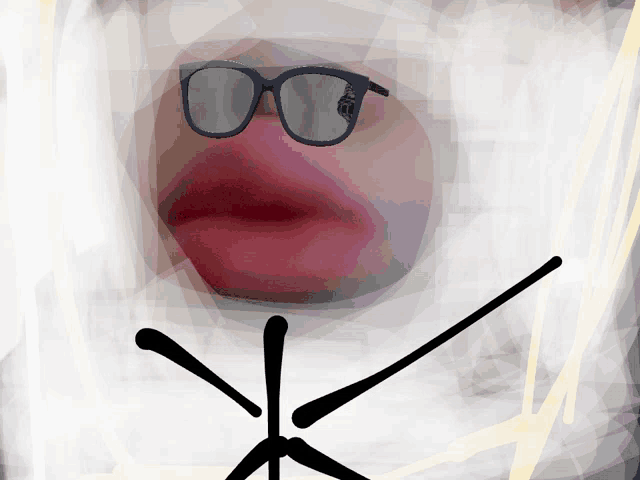 a close up of a person 's face with glasses and red lips
