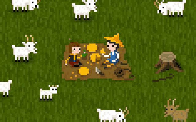 a pixel art drawing of a man and a woman sitting on a table