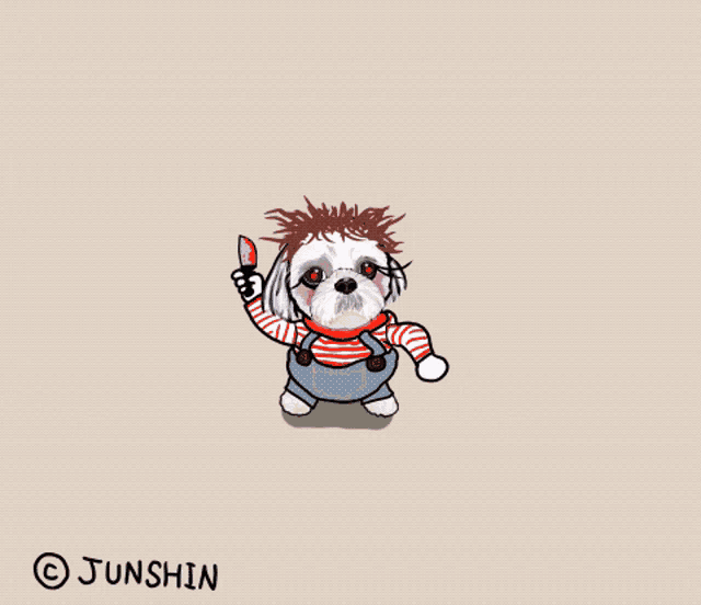 a cartoon of a dog dressed up as chucky holding a bloody knife