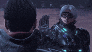 a video game character giving a high five to another
