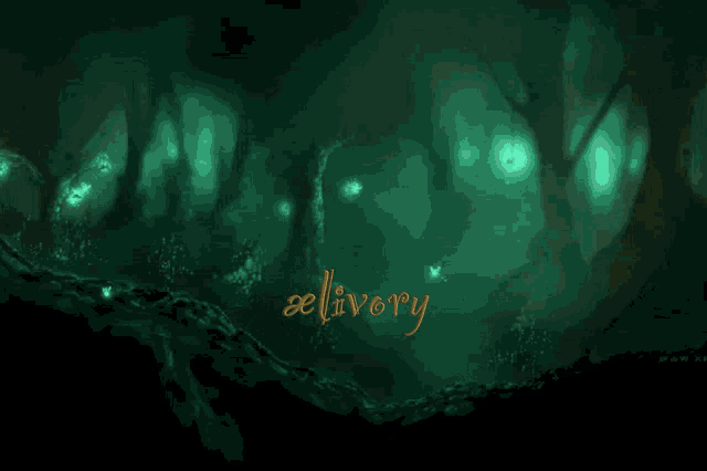 a dark forest with the words delivery written in gold letters