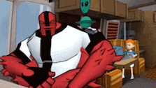 a cartoon character is sitting on a couch with a green alien hanging from the ceiling