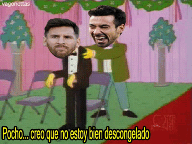 a cartoon of a man holding another man 's head with a caption that says pocho