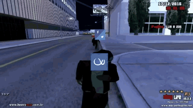 a screenshot of a video game shows a man holding a gun and a blue square with a s on it