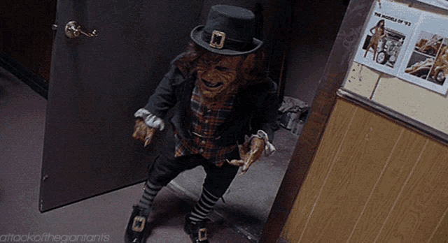 a leprechaun is standing in a hallway next to a bulletin board that says the models of 83