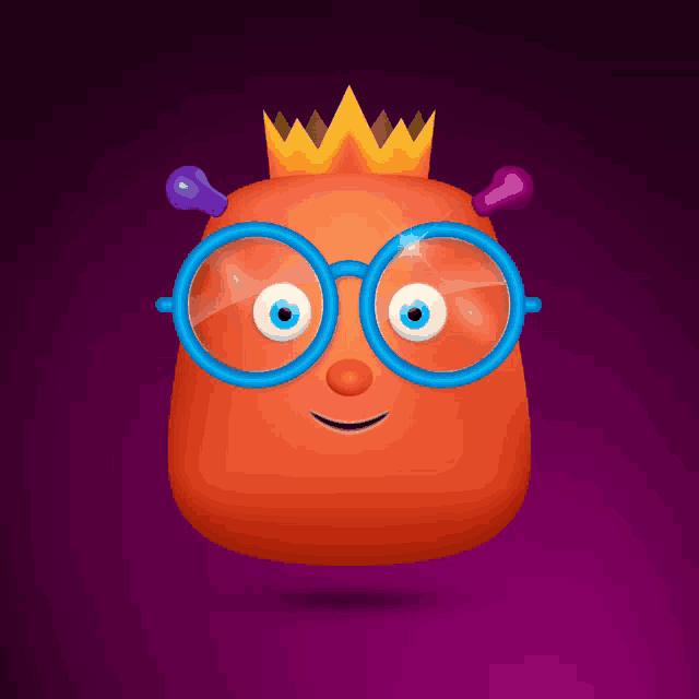 a cartoon character wearing glasses and a crown on his head