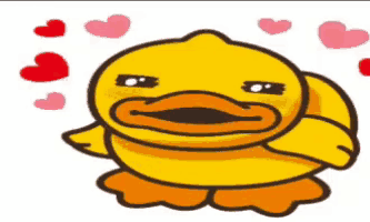 a yellow rubber duck is surrounded by pink hearts on a white background .