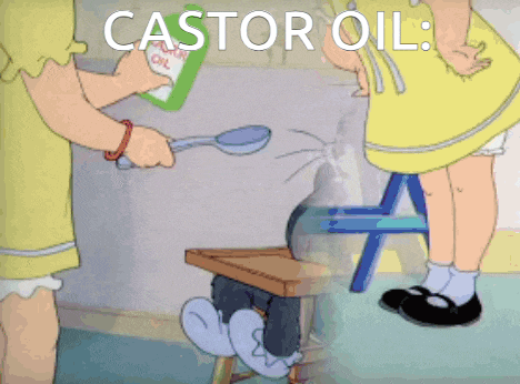 a cartoon of two girls holding spoons with the caption castor oil