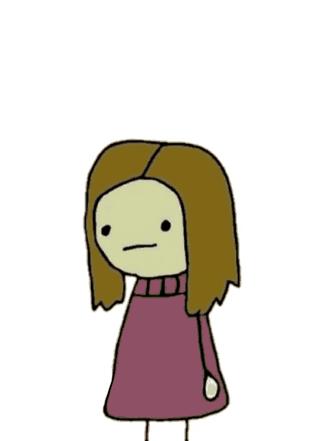 a cartoon of a girl with long brown hair is holding her hand to her stomach and making a funny face