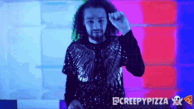 a creepy pizza advertisement with a man in a sequined shirt dancing