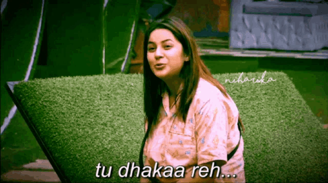 a woman says tu dhakaa reh in front of a grassy area