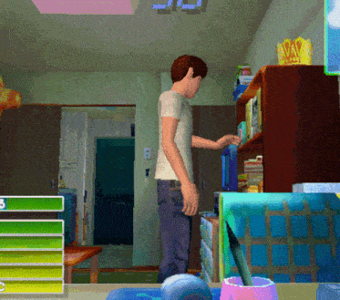 a video game shows a man standing in front of a bookshelf with the number 3 on it