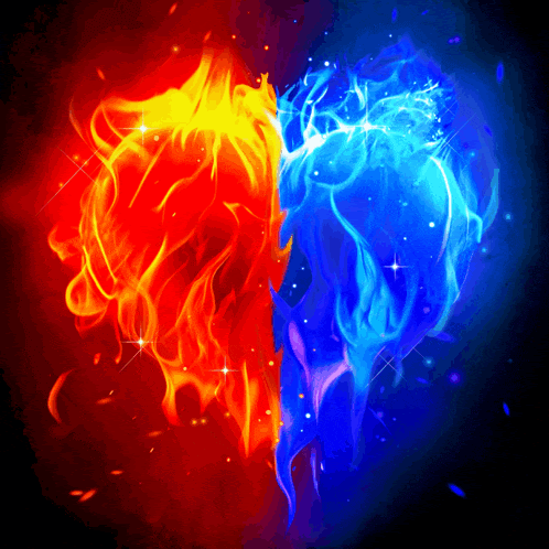 a red and blue heart made of fire on a dark background