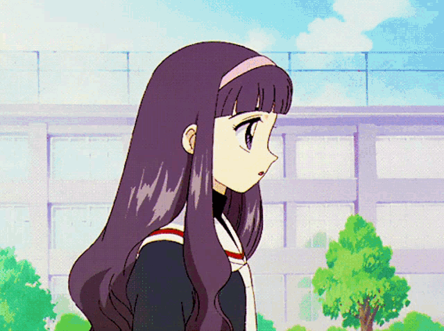a girl with long purple hair is standing in front of a building and trees