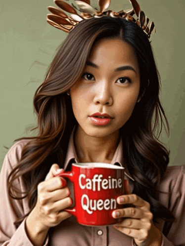 a woman with a crown on her head is holding a red mug that says caffeine queen
