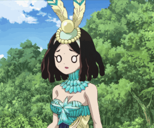 a girl with feathers on her head and a star on her chest is standing in a forest