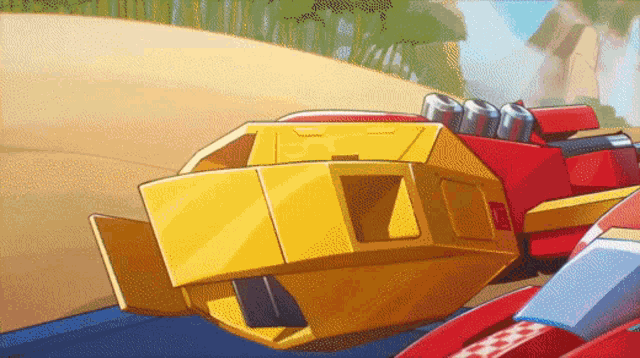 a cartoon drawing of a yellow and red vehicle on a track