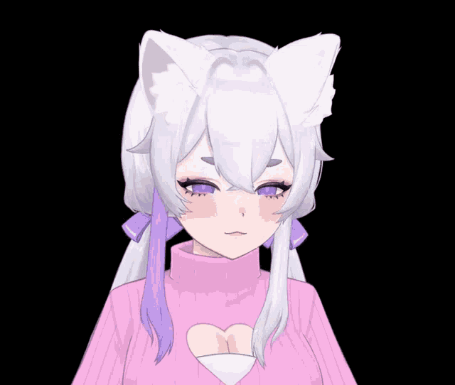 a girl with white hair and purple eyes is wearing a pink heart cut out sweater
