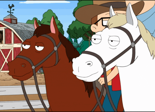 a cartoon of a man riding a brown and white horse