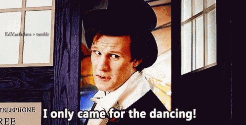 a man in a top hat is standing in front of a telephone booth and says " i only came for the dancing "