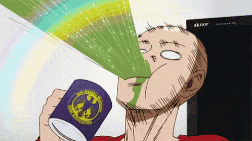 a bald man is drinking from a purple mug with a rainbow coming out of his eyes .