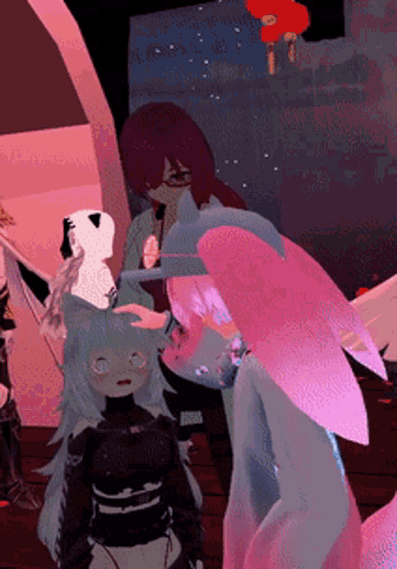 a group of anime characters are gathered together in a room
