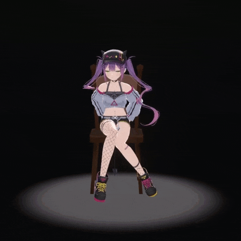 a girl with purple hair is sitting on a chair with her legs crossed