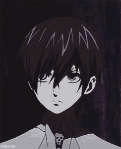 a black and white drawing of a boy with purple eyes and a skull necklace