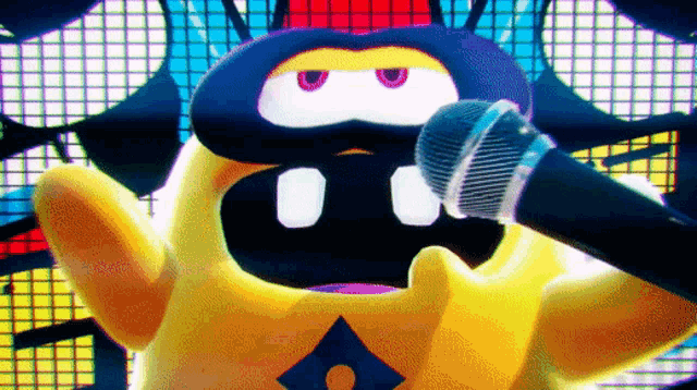 a cartoon character is singing into a microphone while wearing a black hat