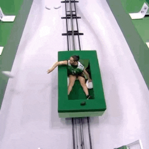 a woman is riding a roller coaster on a green track .