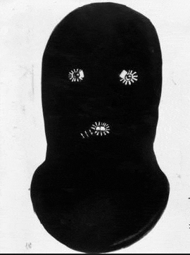 a black and white drawing of a person 's face with three eyes .