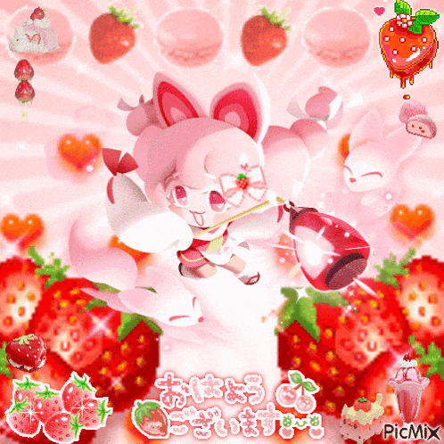 a picture of a girl with strawberry ears is surrounded by strawberries and says picmix on the bottom