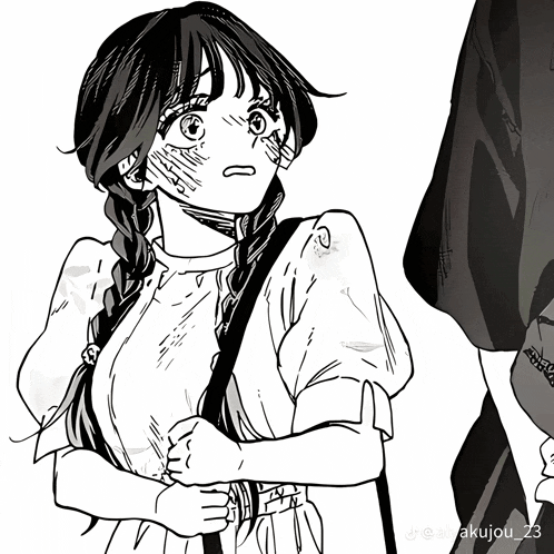 a black and white drawing of a girl with braids and the hashtag akujou_z3 at the bottom