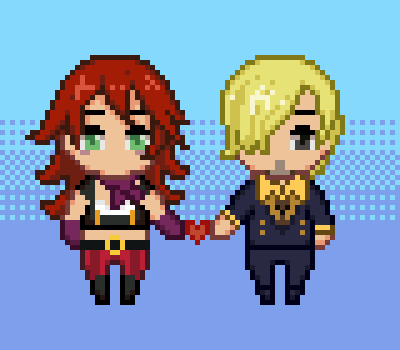 a pixel art drawing of a girl and a boy holding hands