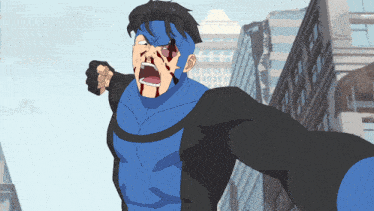a cartoon of a superhero with blood on his face and his mouth open