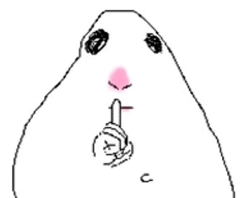 a black and white drawing of a hamster with a pink nose and a finger in its mouth .