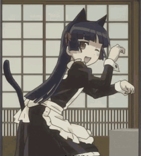 a girl in a maid costume is dancing with a black cat behind her .