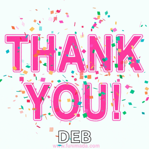 a pink thank you deb greeting card with confetti around it