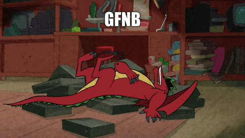 a cartoon of a dragon laying on the floor with gfnb written on it