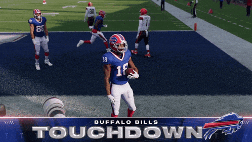 a buffalo bills player is holding a football in front of a touchdown banner