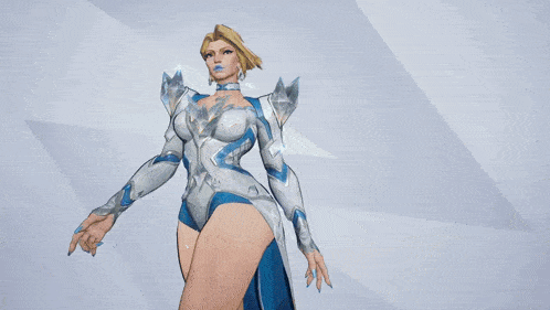 a woman in a white and blue outfit is standing in front of a banner that says " emma fro "