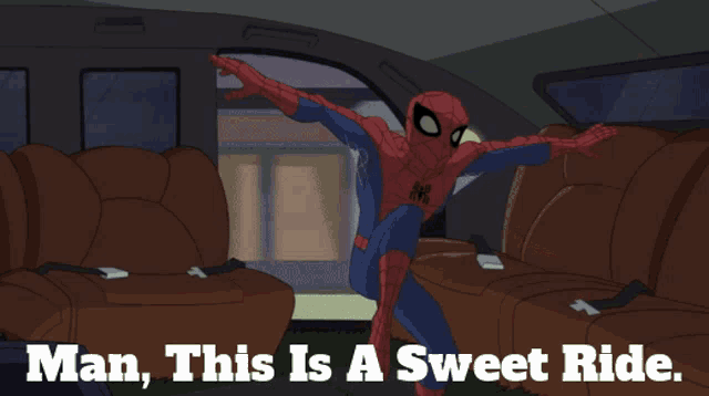 a cartoon of spider-man sitting in a limousine with the words man this is a sweet ride below him